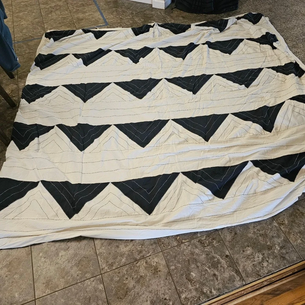 Anchal Project Duvet Cover Kantha Hand Stitched Geometric White Black Full Queen